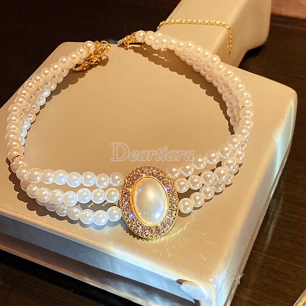 Vòng cổ Nhiều Lớp Đính Ngọc Trai Phong Cách Cổ Điển