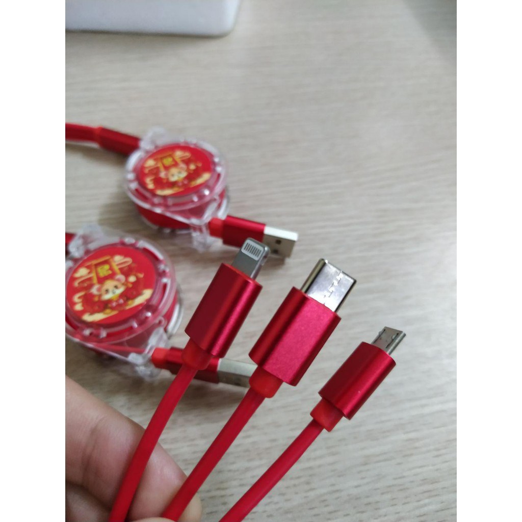 Cáp sạc điện thoại 3 đầu Lightning - Micro Usb - Type C đa năng dây rút dài 1m - tiện lơi, PHIÊN BẢN TẾT 2020 CANH TÝ