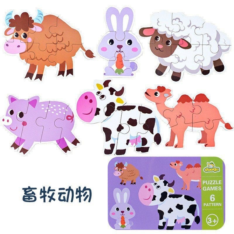 Bộ ghép hình 3-6 chi tiết/6hình hộp sắt gỗ Puzzle cao cấp