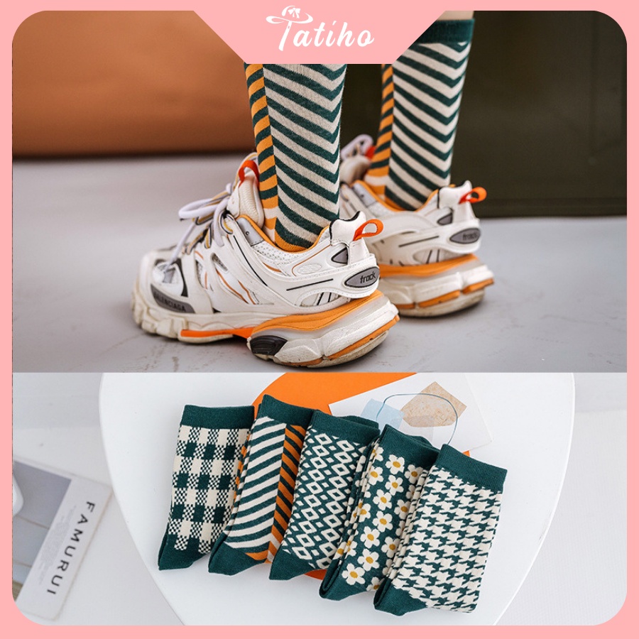 [Hàng Xịn, Giá Tốt] Vớ Tất Nam Nữ Unisex Cổ Cao Cotton Họa Tiết Màu Xanh Retro Vintage Đẹp - Mã TV018