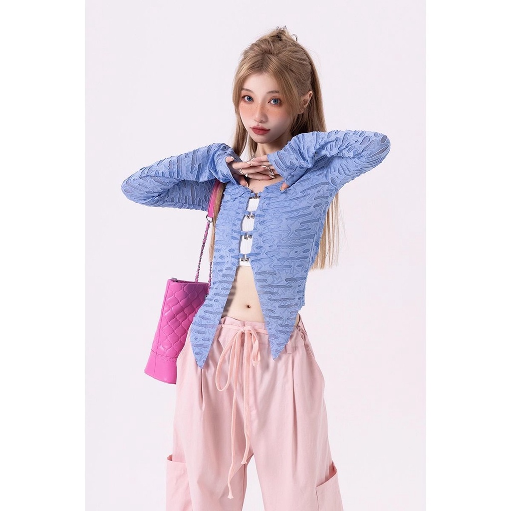 Millennium y2k Hot Girl Áo Thun Cardigan Ngắn Dáng Ôm Không Đối Xứng Quyến Rũ Hợp Thời Trang