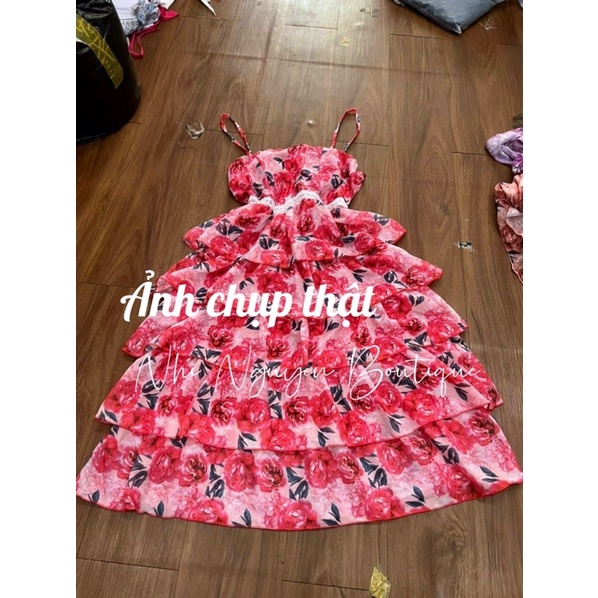 Đầm voan hoa in 3D hai dây 5 tầng phối viền ren cao cấp có mút ngực