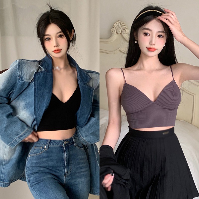 Áo Hai Dây Cổ Chữ V Màu Sắc Trơn Có Đệm Ngực Thời Trang Hàn Quốc Cho Nữ