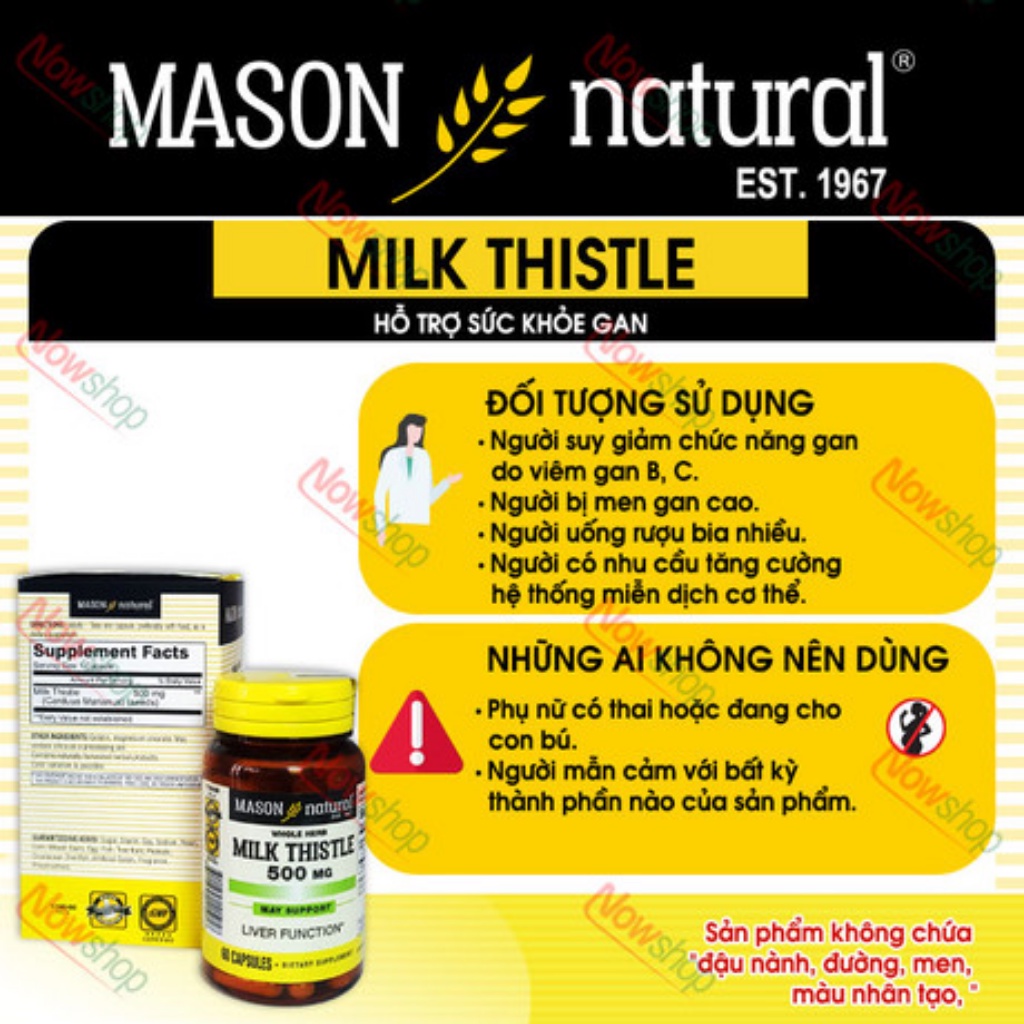 Viên Uống Giải Độc Gan Mason Natural Milk Thistle 500mg - Giúp Giải Độc Gan, Hạ Men Gan (Hộp 60 Viên)