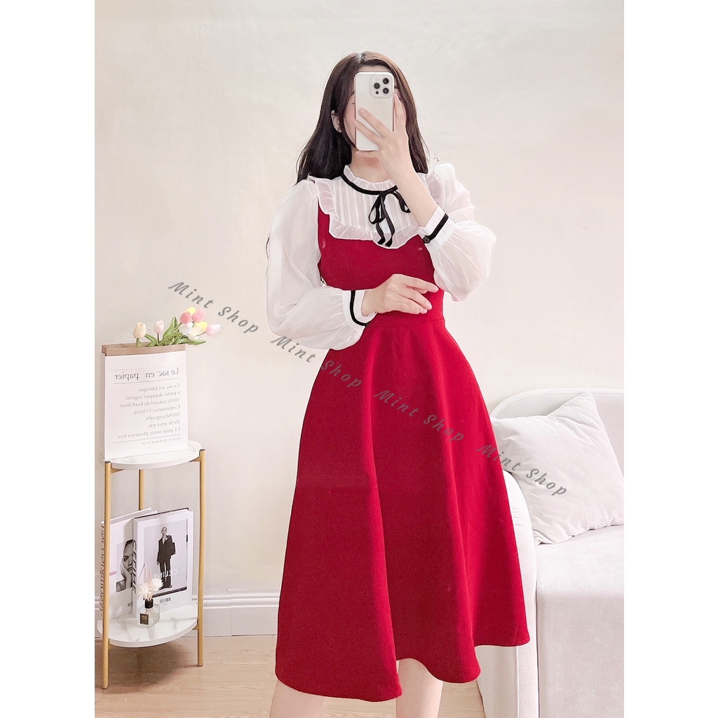 Váy đầm nữ đi chơi đi tiêc, cổ nhún bèo thắt nơ phối tay voan xinh xắn 2 màu đen trắng, đỏ trắng nổi bật | BigBuy360 - bigbuy360.vn