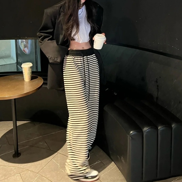 IELGY  Quần Dài Lưng Cao Dáng Rộng Họa Tiết Kẻ Sọc Trắng Đen Thời Trang Cho Nữ