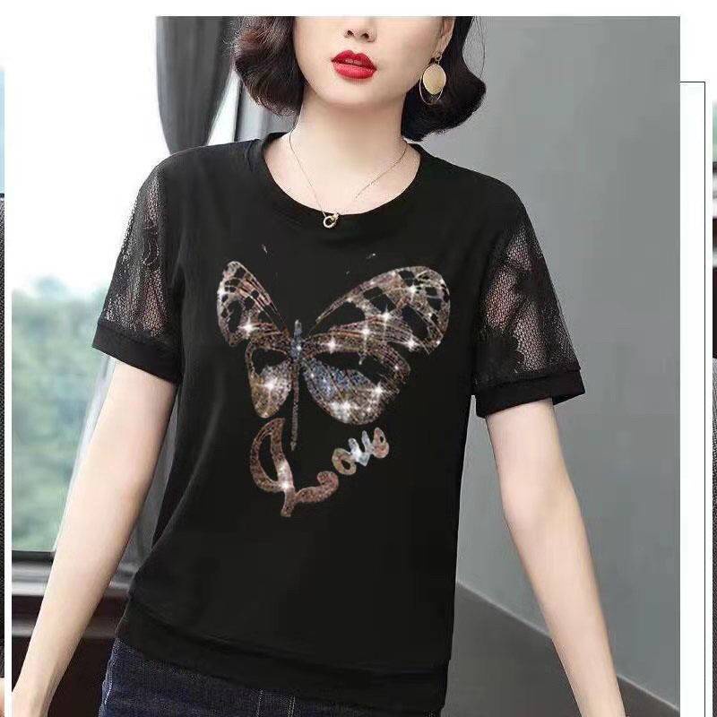 Áo Thun Tay Ngắn Màu Đen Phối Lưới Thiết Kế Cỡ Lớn Thời Trang Trẻ Trung Cho Nữ