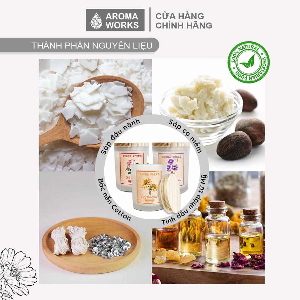 Nến thơm phòng Aroma Works tinh dầu thiên nhiên không khói 170g