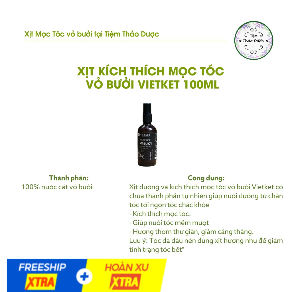 Xịt bưởi Tiệm Thảo Dược Xanh xịt dưỡng tóc vỏ bưởi hydrosol giúp mọc tóc, ngừa rụng tóc