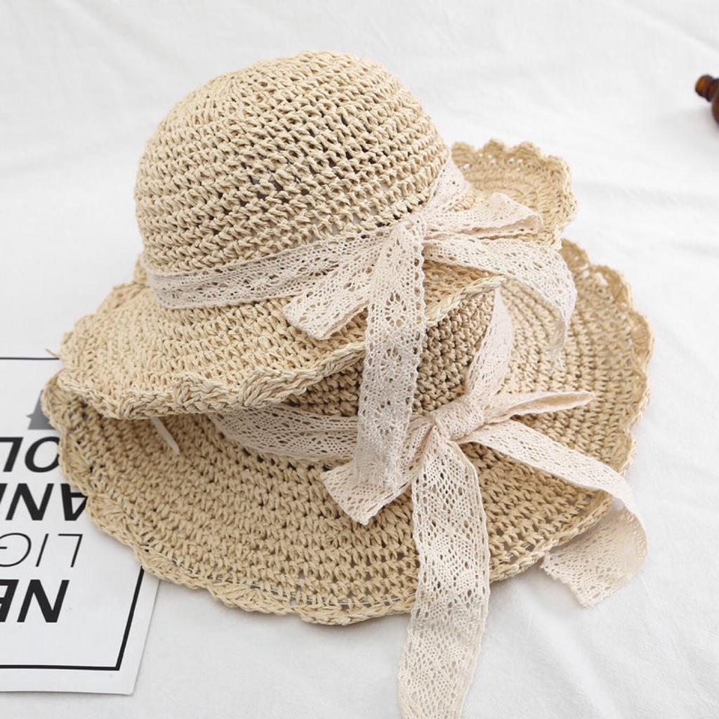 Mũ Cói Mềm Móc Tay Ren Mẹ Và Bé