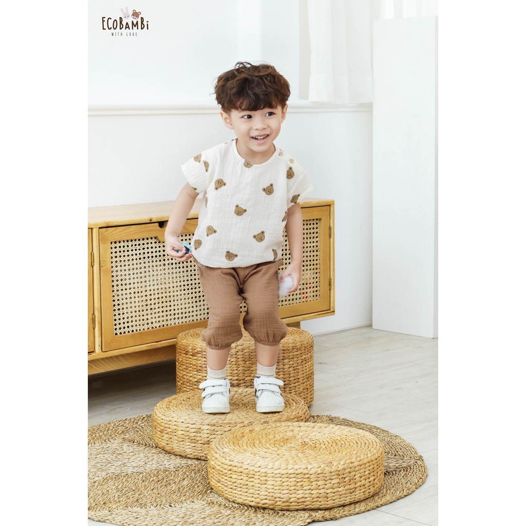 Bộ cotton Muslin Unisex TAY NGẮN, QUẦN THỤNG phong cách Hàn Quốc cho bé - ECOBAMBI