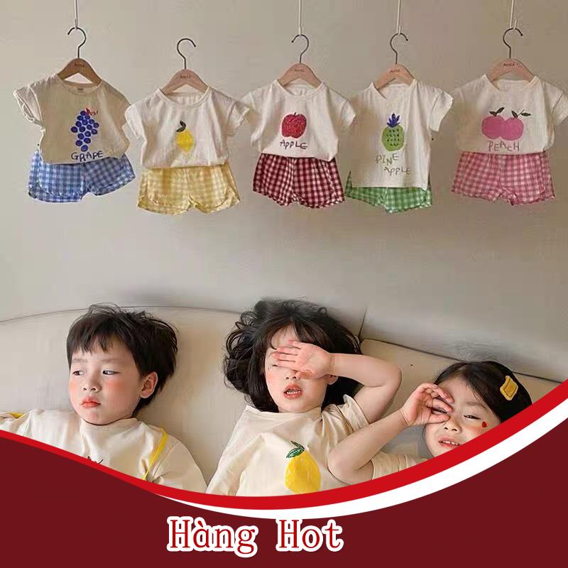 Bộ Áo Thun Ngắn Tay In Hình Trái Cây + Quần Kẻ Sọc Caro Cho Bé