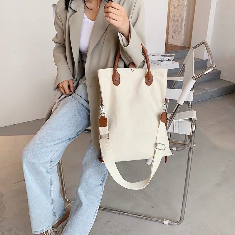 túi bag vải canvas phong cách hàn quốc màu kem đeo chéo đeo vai vừa a4