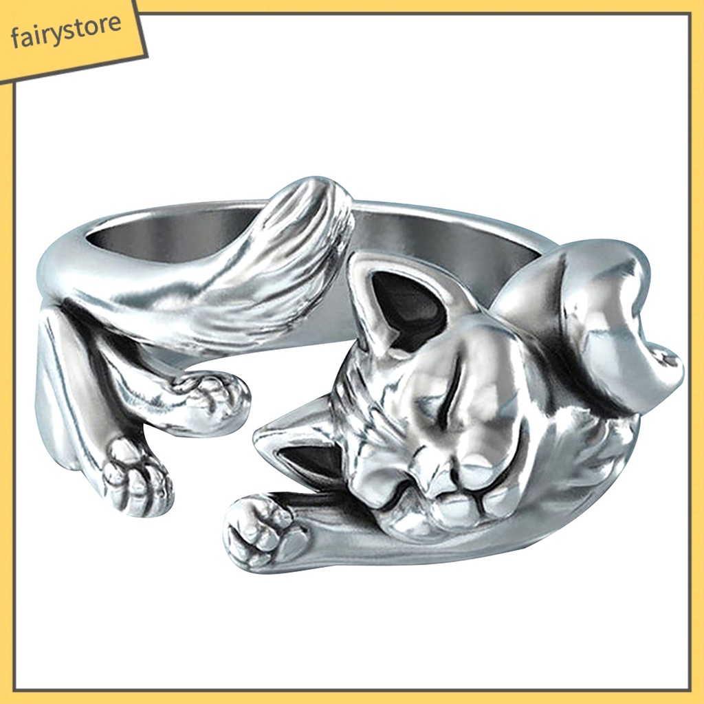 Nhẫn Hở Mạ Bạc Hình Mèo Ngủ Phong Cách Vintage