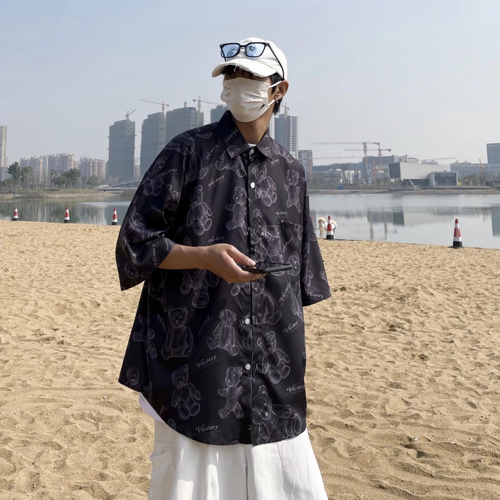 Short Sleeve Shirt With Cartoon Bear Pattern High Quality Korean Style Summer Fashion 2022 For Men