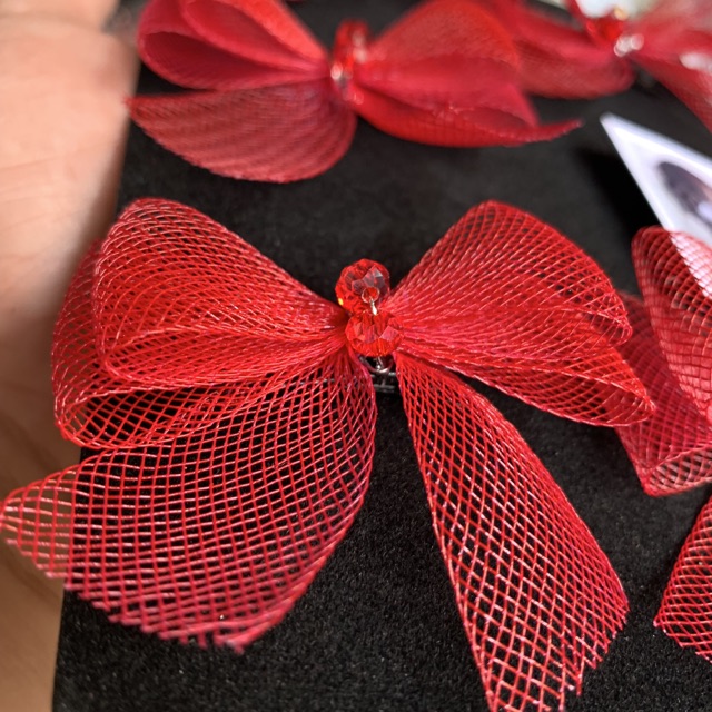 Phụ kiện cưới Giang - bộ nơ lưới cài tóc cô dâu đỏ