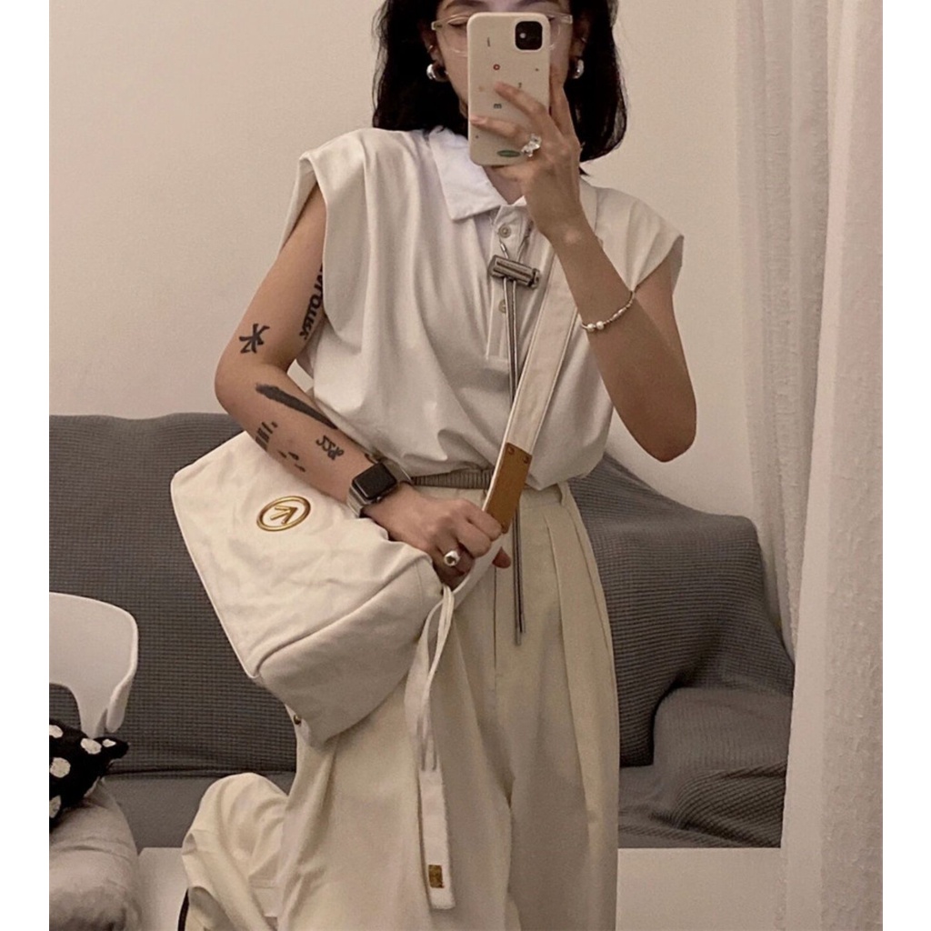 Áo Thun Sát Nách Cổ Polo Màu Sắc Đơn Giản Phong Cách retro Mỹ Cho Nữ