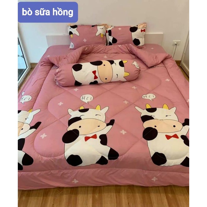 Trọn bộ 5 món ga gối chăn phao da báo cotton poly có ruột bông dày loại 1