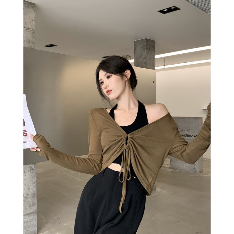 622140#Áo Dệt Kim Tay Dài Cổ Chữ v Phối Dây Rút Thời Trang Mùa Hè Mới Dành Cho Nữ