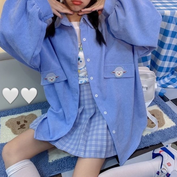 Áo Sơ Mi Nhung Kẻ Thêu Hình Dễ Thương Dành Cho Nữ