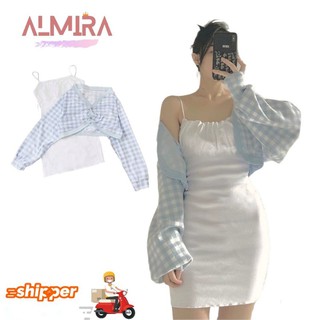 Sét Váy 2 Dây Nhún Ngực Kèm Áo Cardigan Kẻ