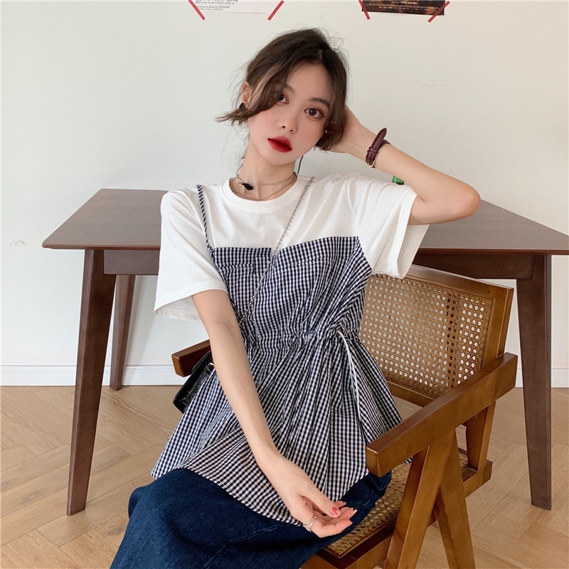 Áo thun tay ngắn cổ tròn in họa tiết sọc caro đơn giản