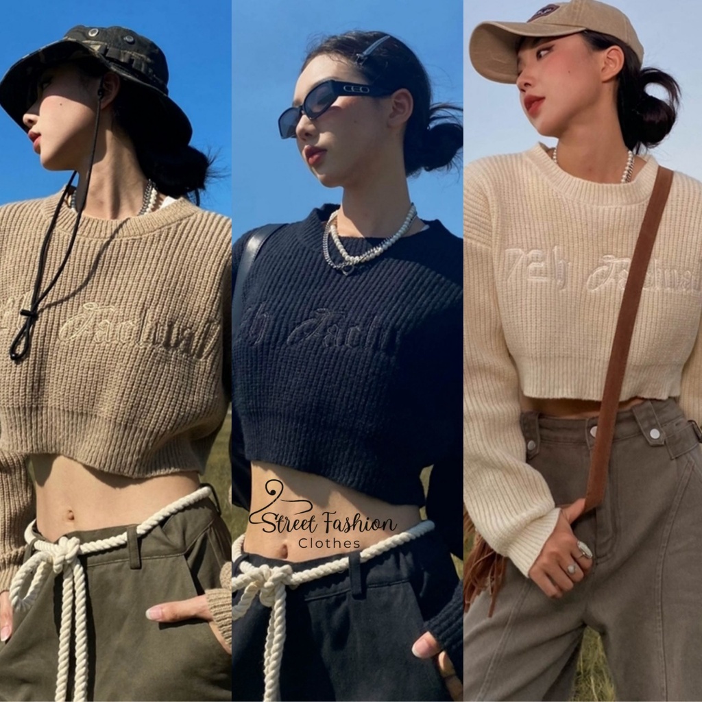 Áo len crotop dáng rộng thêu chữ phong cách trẻ trung, cá tính, sexy
