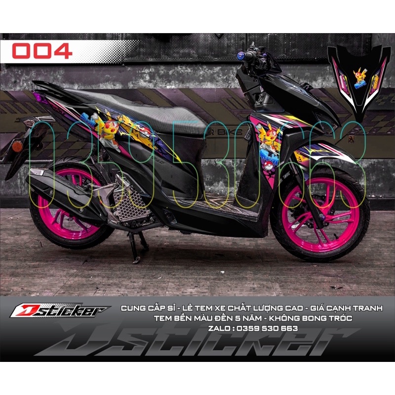 Tem rời Vario Click xe đen - mẫu Pokemon hồng phối tím