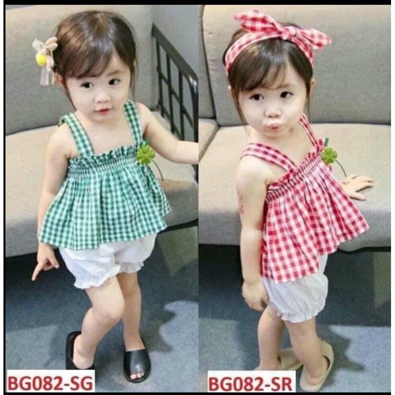 Set Bộ Kẻ Karo 2 Dây Kèm Quần Đũi Cho Bé Co Giãn Cực Mềm