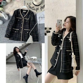Áo dạ bigsize ngoại cỡ đen ca rô chỉ vàng siêu cute, che mọi khuyết điểm