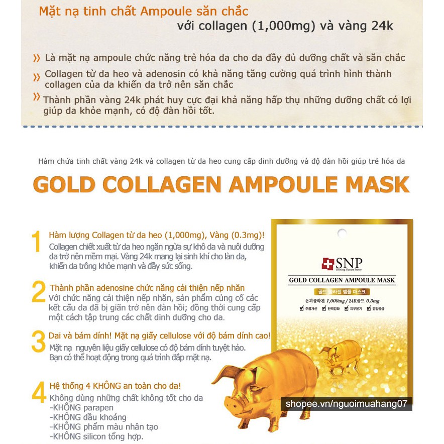 Mặt Nạ Chống Lão Hóa Tinh Chất Vàng và Collagen Cao Cấp SNP Gold Collagen Ampoule Mask