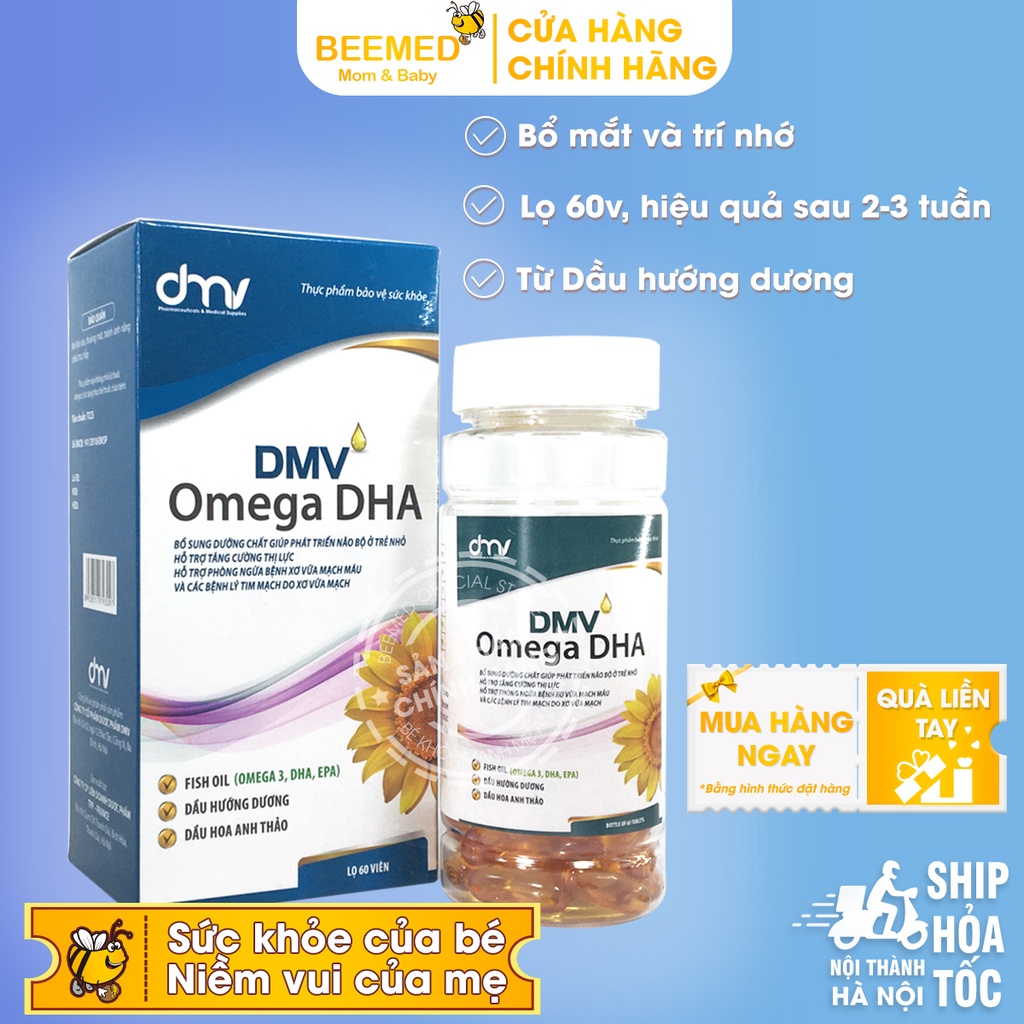Bổ sung Omega 3 DHA từ dầu cá, và dầu hoa anh thảo - Omega DMV Hộp 60 viên, ngừa lão hóa, bổ mắt, tim mạch