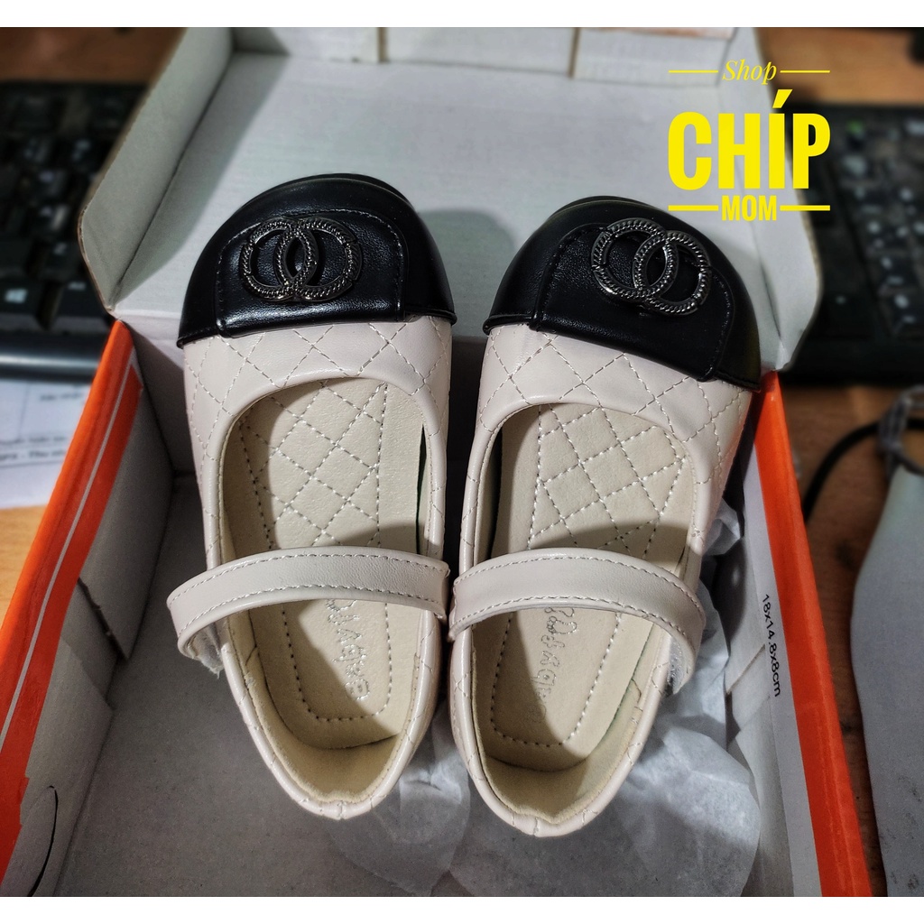 giày búp bê bé gái giày bệt bít mũi cho bé da mềm có quai ngang dán chống trượt QCCC full hộp đen trắng từ 1 tuối YNK667