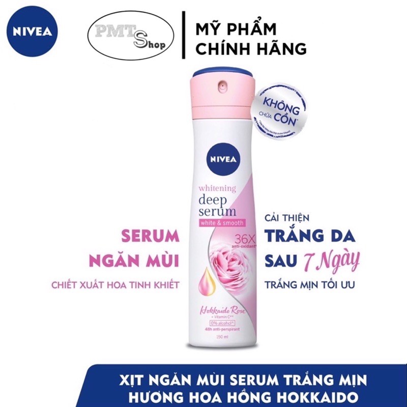 Xịt ngăn mùi nữ NIVEA Deep Serum 150ml trắng mịn hương hoa Lily | Hokkaido Rose