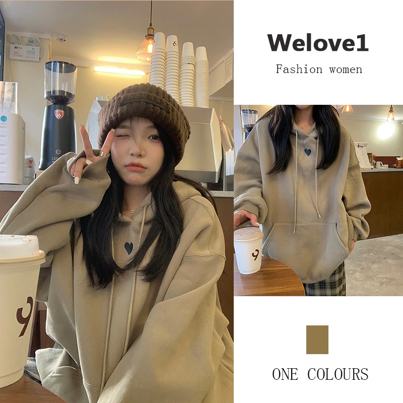 Áo hoodie tay dài dáng rộng màu nâu kaki in họa tiết trái tim thời trang mùa thu 2022 mới