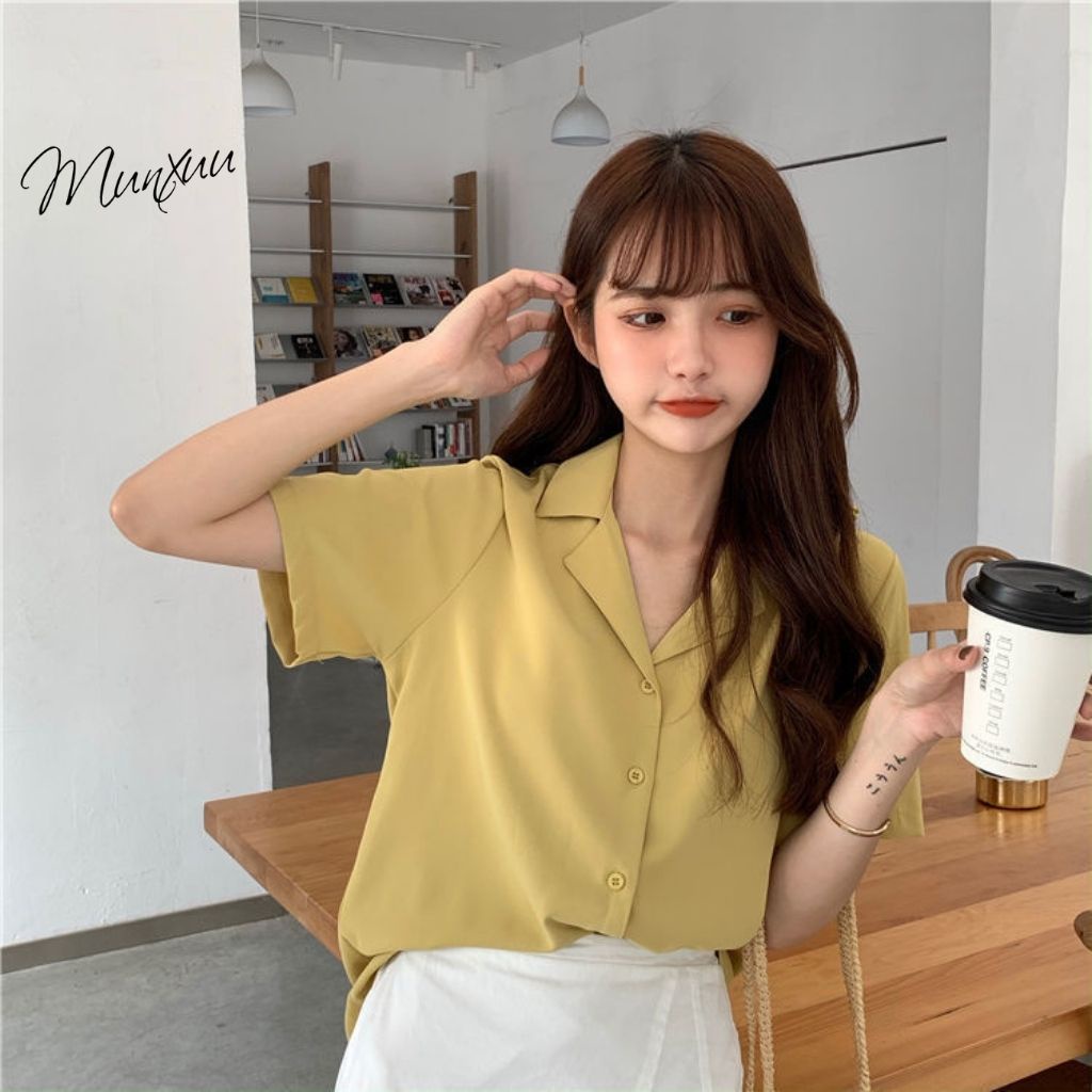 Áo sơ mi nữ tay ngắn dáng trơn basic Munxuu bản cổ vest 3 màu Ulzzang - SM21 | BigBuy360 - bigbuy360.vn