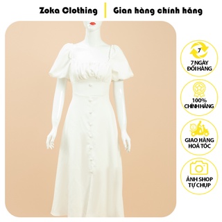 Váy nhún ngực 10 khuy zk1-3 thiết kế cúc dọc tay bồng chiết eo, đầm công sở tiểu thư cổ vuông thanh lịch