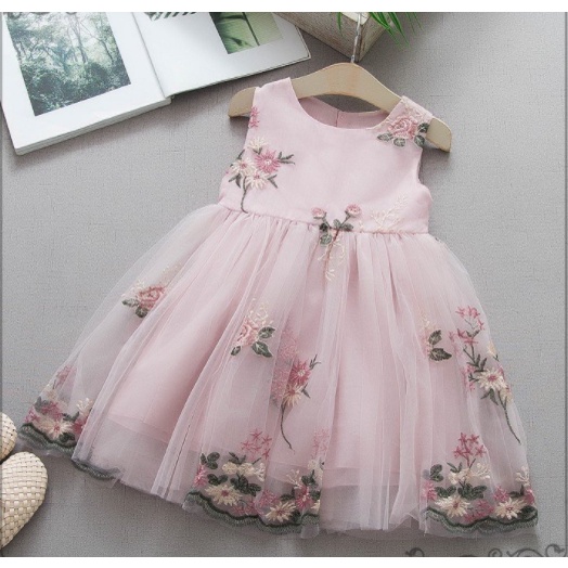 Đầm Công Chúa Không Tay Màu Trơn Họa Tiết Hoa Xinh Xắn Cho Bé Gái