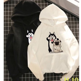 Áo Nỉ Hoodie hình hai chú cún cuteeee [FREESHIP] Áo nỉ hình cún mũ hai lớp trắng đen dày dặn ấm