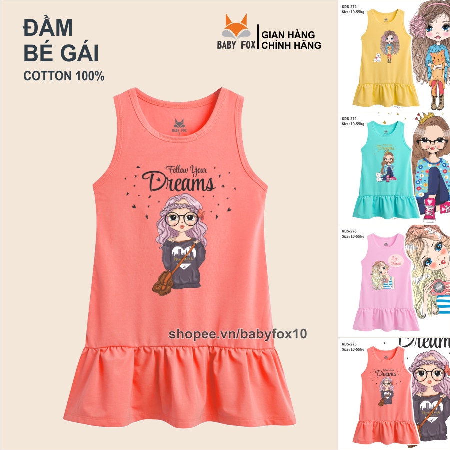 Đầm bé gái 100% cotton loại tốt, thương hiệu BABY FOX, in hình bé gái, size nhỏ, trung, đại b