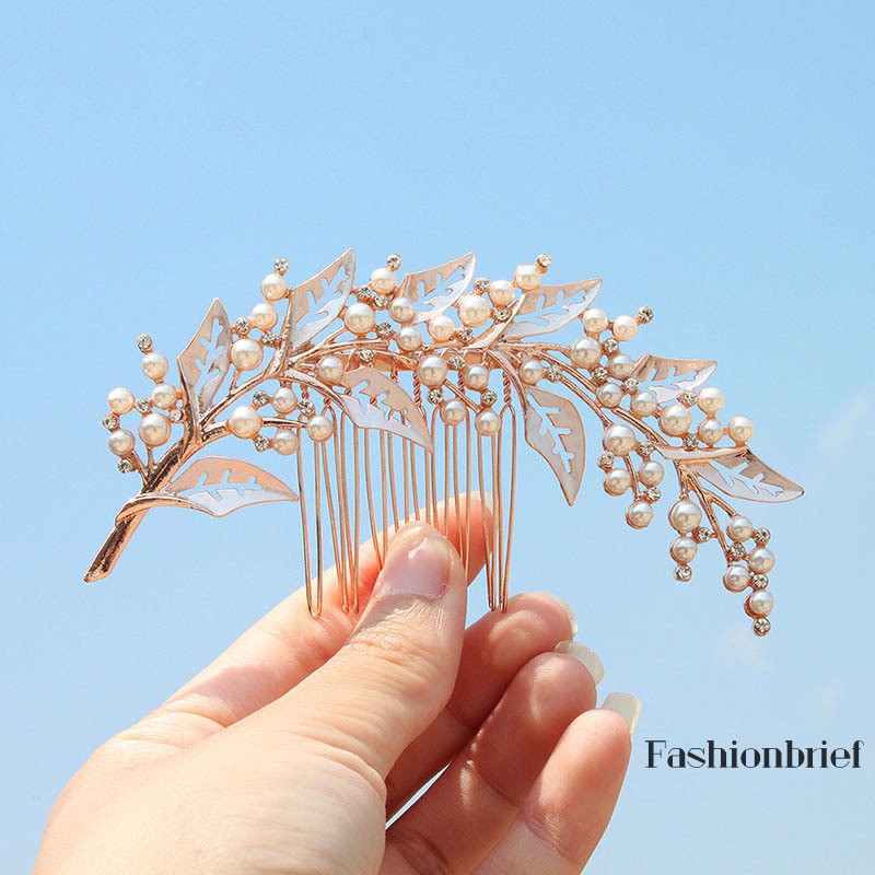 ❤BRIEF High Quality Simple Wedding Bridal Pearl Leaves Shiny Rhinestone Hair Comb Fashion Bridesmaid