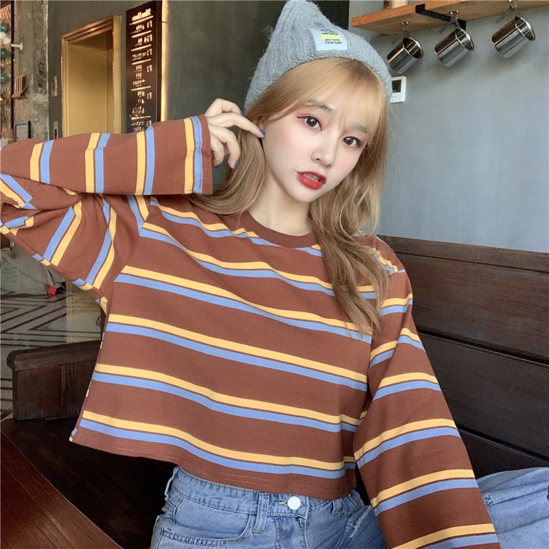 Long Sleeve Striped T-shirt loose retro fashion crew neck | BigBuy360 - bigbuy360.vn