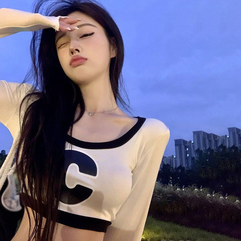 Áo Thun Lửng Tay Dài Cổ Tròn In Chữ Màu Sắc Khối Màu Phong Cách Hàn Quốc Dành Cho Nữ