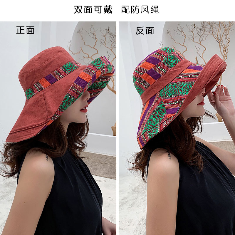 Mũ ngư dân phong cách quốc gia có thể gập lại hai mặt của phụ nữ, mũ mặt trời đi du lịch thời trang, mũ mặt trời mùa hè