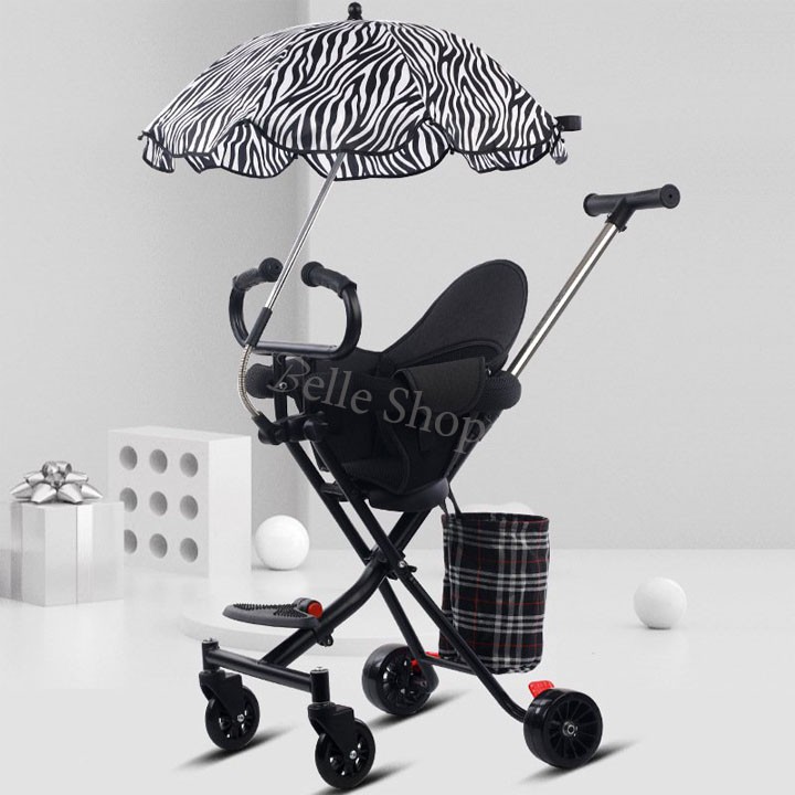 Xe Đẩy Gấp Gọn Cho,Bé Có Đệm , Dây Đai An Toàn 4 Bánh Gấp Gọn Thoáng Lưng Cho Bé