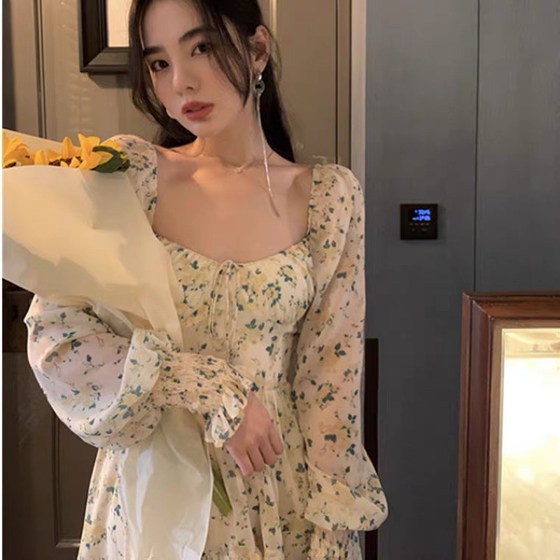 Váy hoa nhí cổ vuông nữ tính ( kèm ảnh thật)
