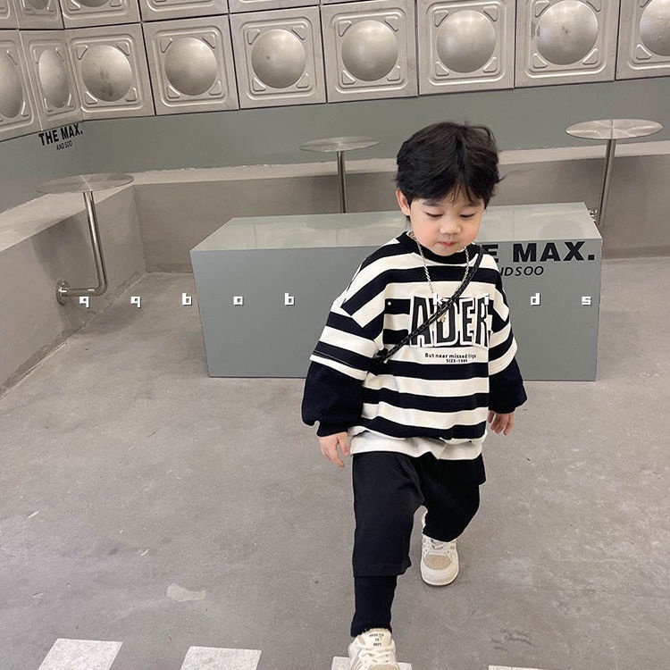 Áo Sweater Giả Hai Mảnh Họa Tiết Kẻ Sọc Phong Cách Phương Tây Thời Trang Xuân Thu Mới Dành Cho Bé Trai Bé Gái