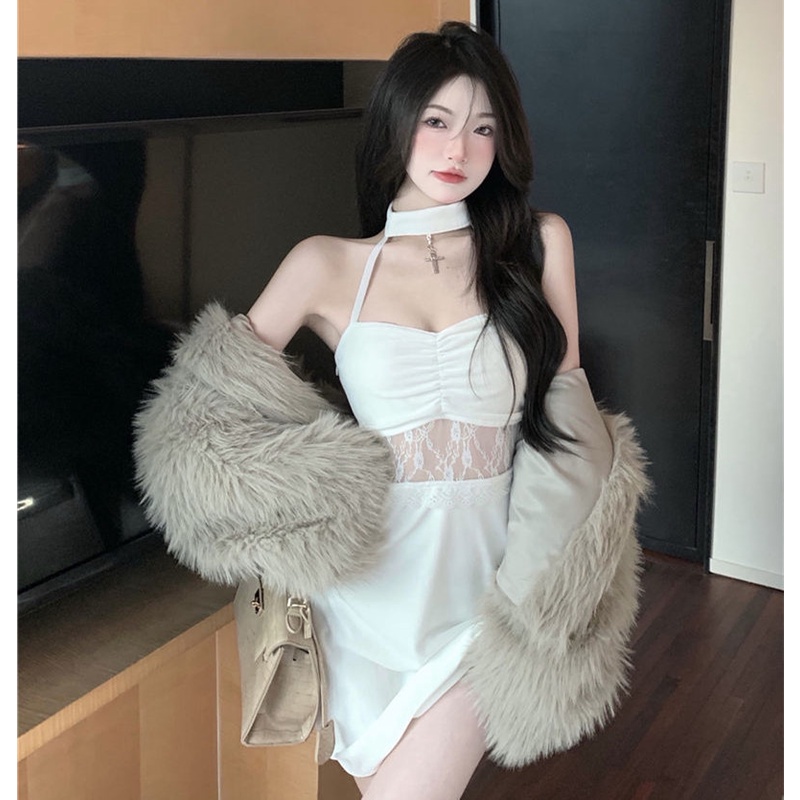 Đầm Mini Hai Dây Viền Ren Thời Trang Mùa Hè Cho Nữ