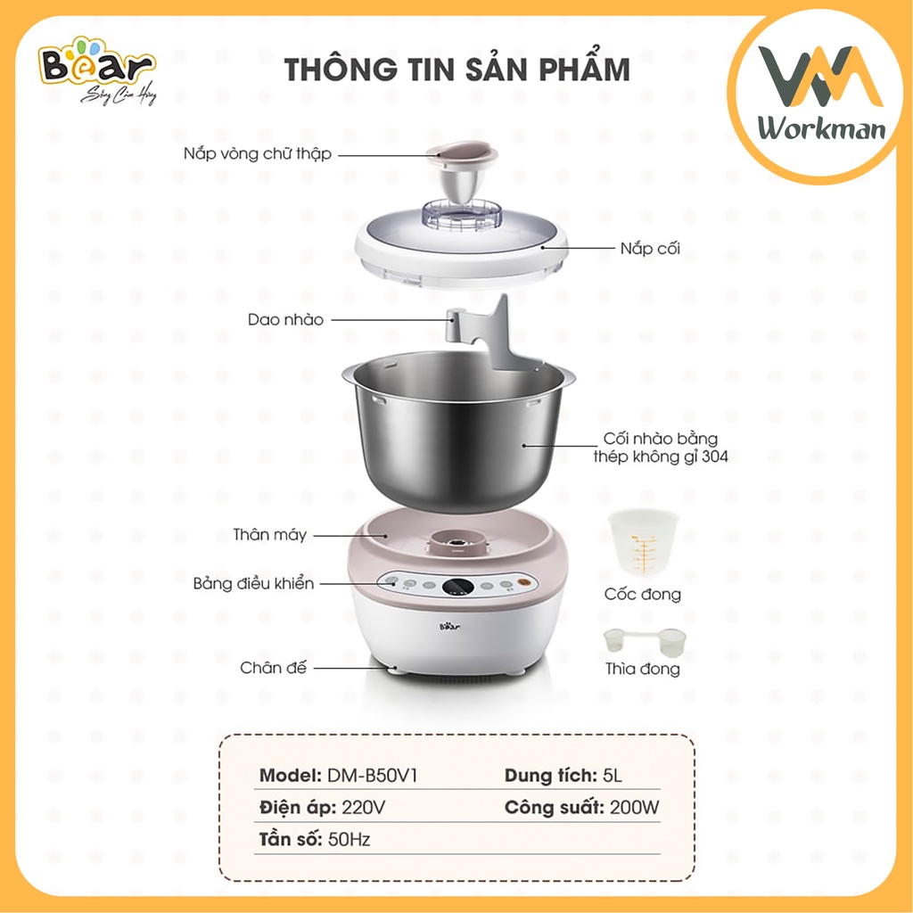 Máy Nhào Bột, Trộn Bột Tự Động Bear - dung tích 5L - HMJ-A50B1