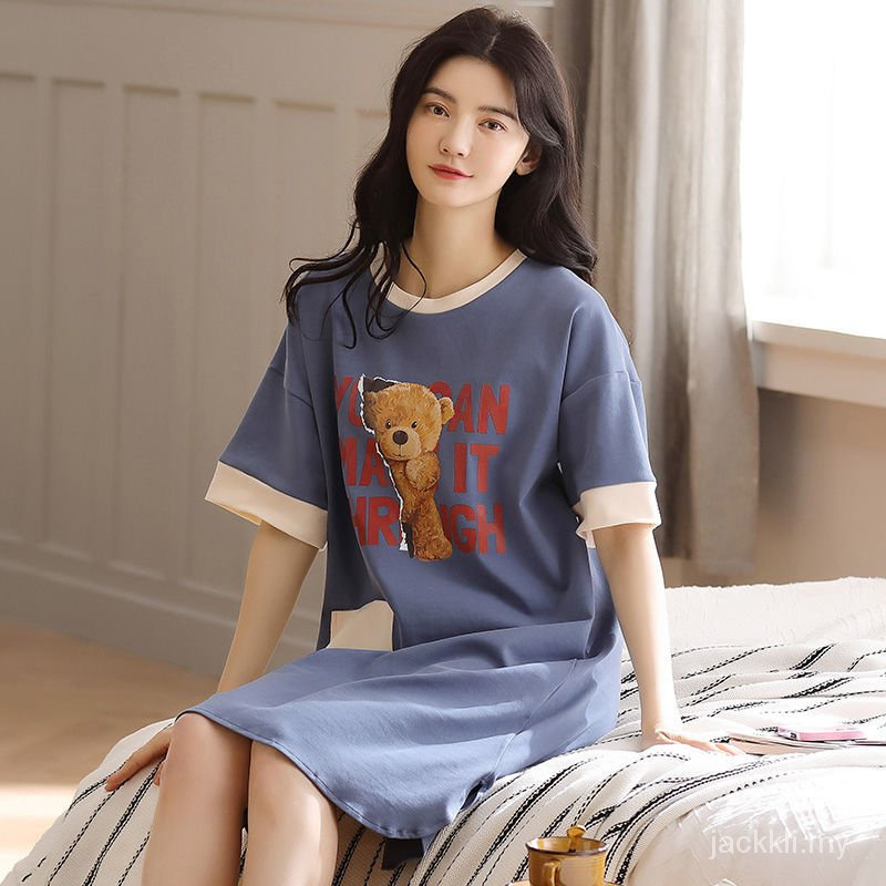 đồ ngủ 100% Cotton Tay Ngắn In Hình Gấu Hoạt Hình Dễ Thương Phong Cách Hàn Quốc Cho Nữ